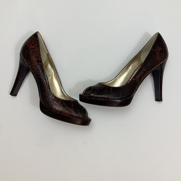 Jessica Simpson Snake Skin Brown Peep Toe Heels - Picture 1 of 8